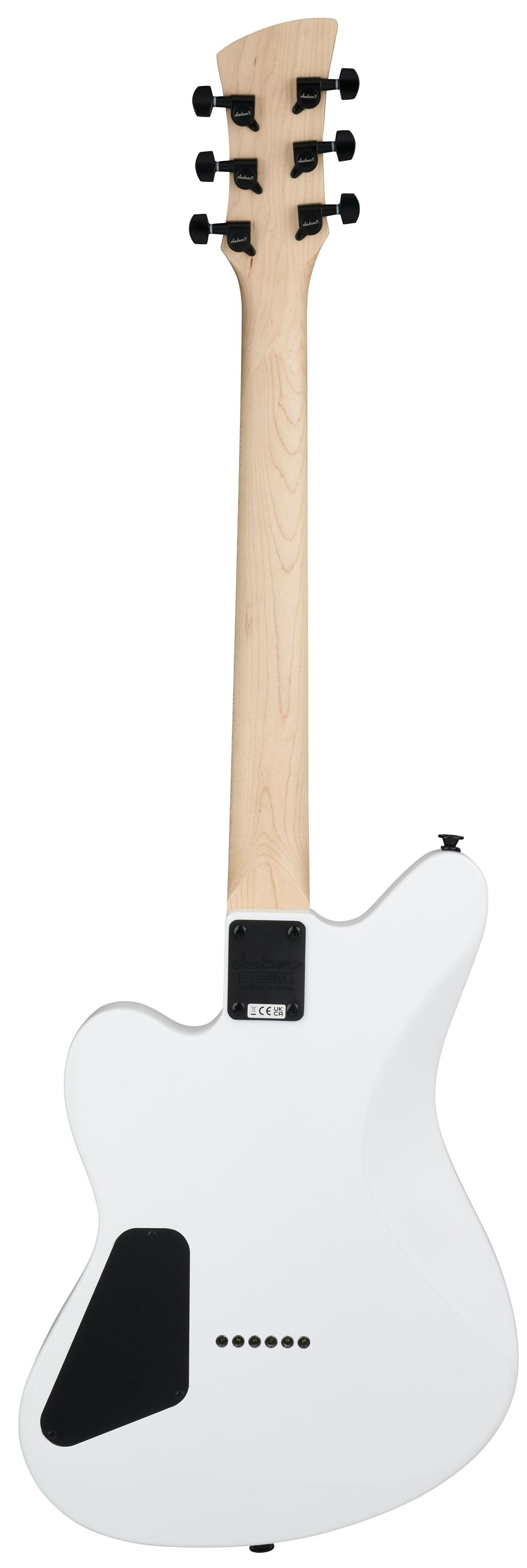 Jackson JS Series Surfcaster JS22 HT electric guitar in Snow White with a sleek body and modern hardware.