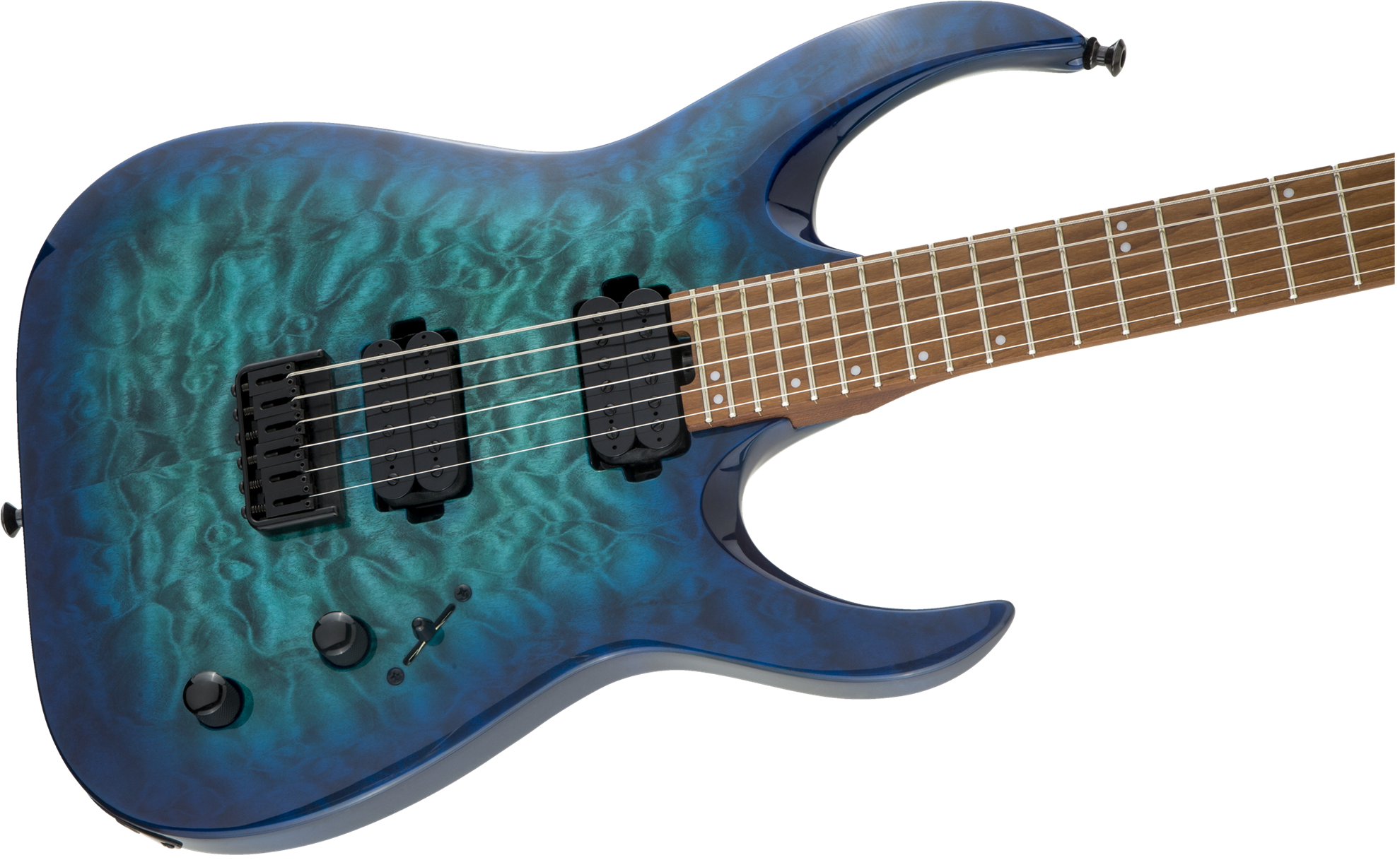 Jackson HT6QM Pro Series Misha Mansoor Juggernaut electric guitar with caramelized maple fingerboard in chlorine burst finish.