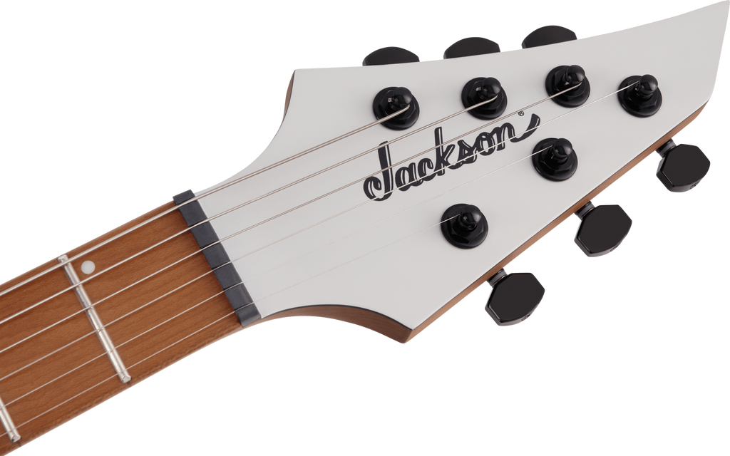 Jackson Pro Series Misha Mansoor ET6 electric guitar in Porsche Caulk finish, showcasing its sleek body and hardware details.