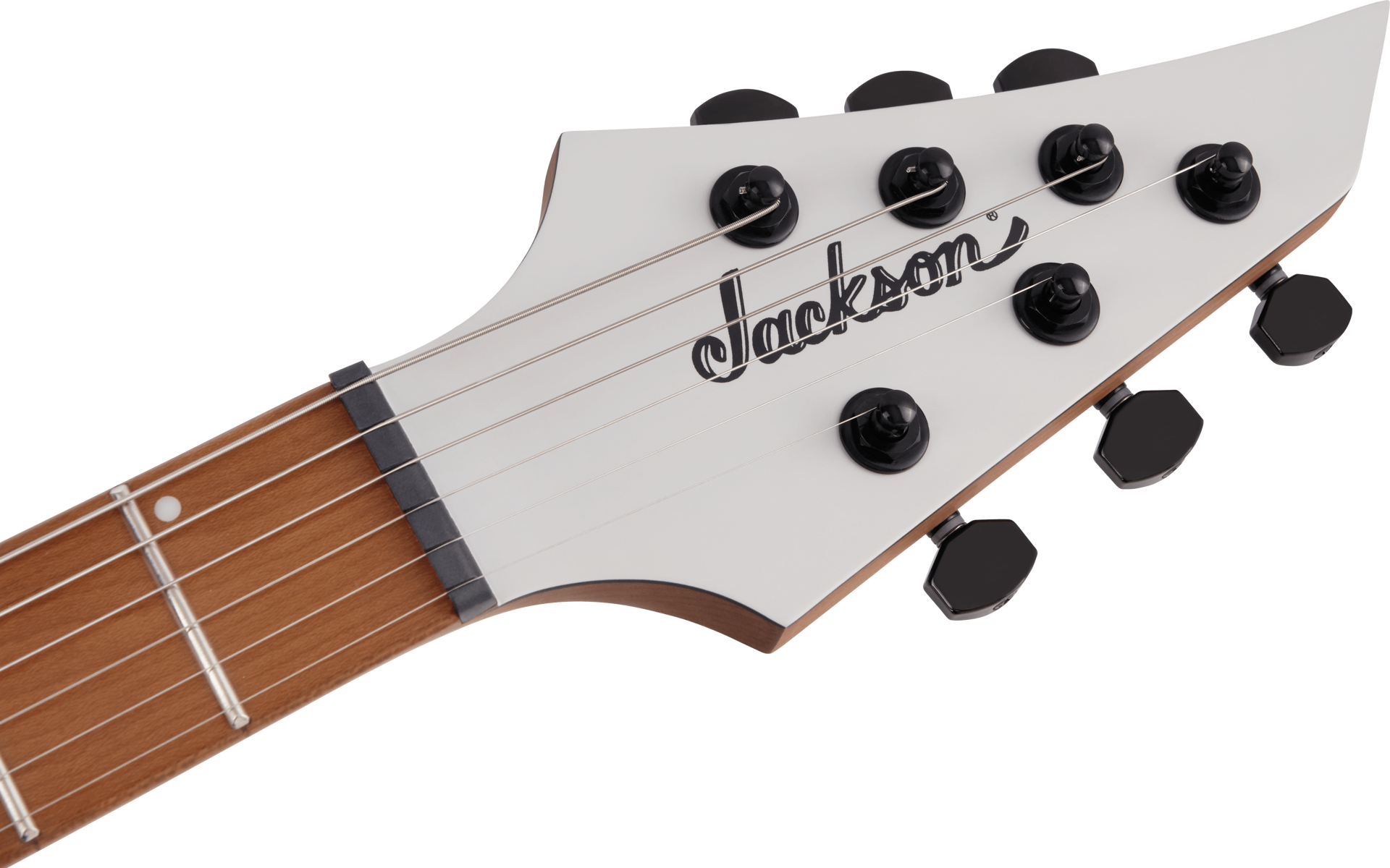Jackson Pro Series Misha Mansoor ET6 electric guitar in Porsche Caulk finish, showcasing its sleek body and hardware details.