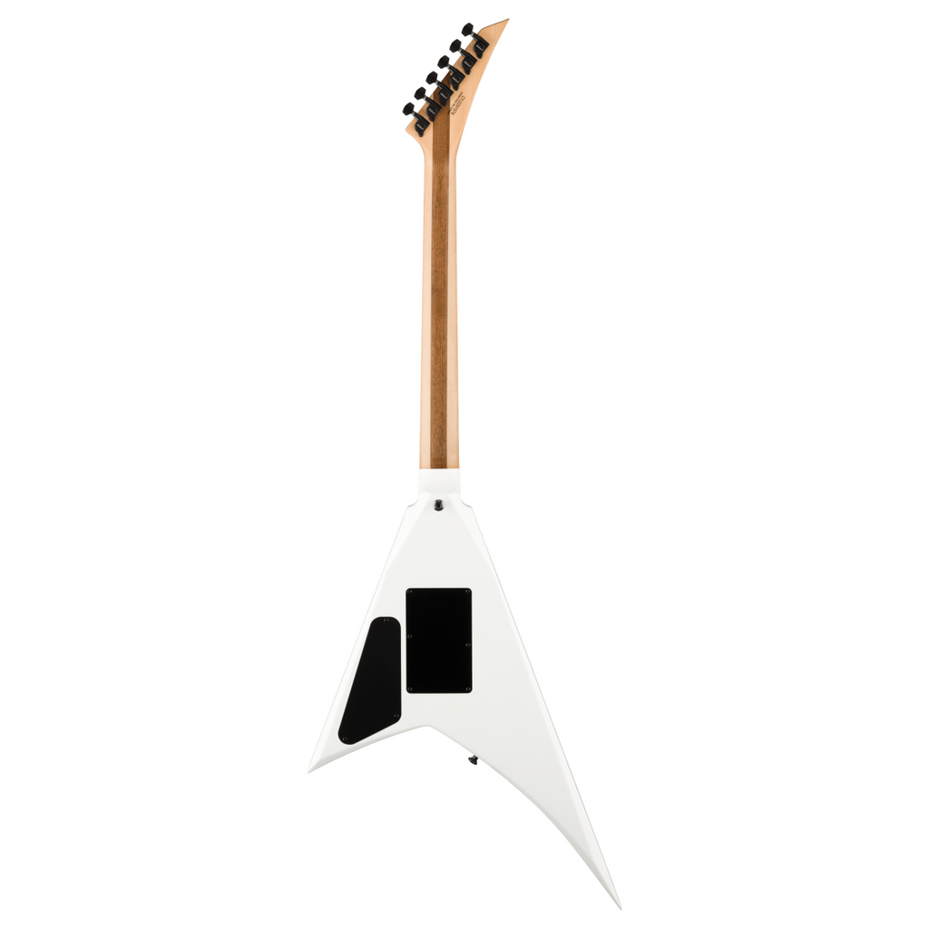 Jackson Pro Plus Series Rhoads RR24 electric guitar with ebony fingerboard in snow white finish, showcasing sleek body and pointed design.