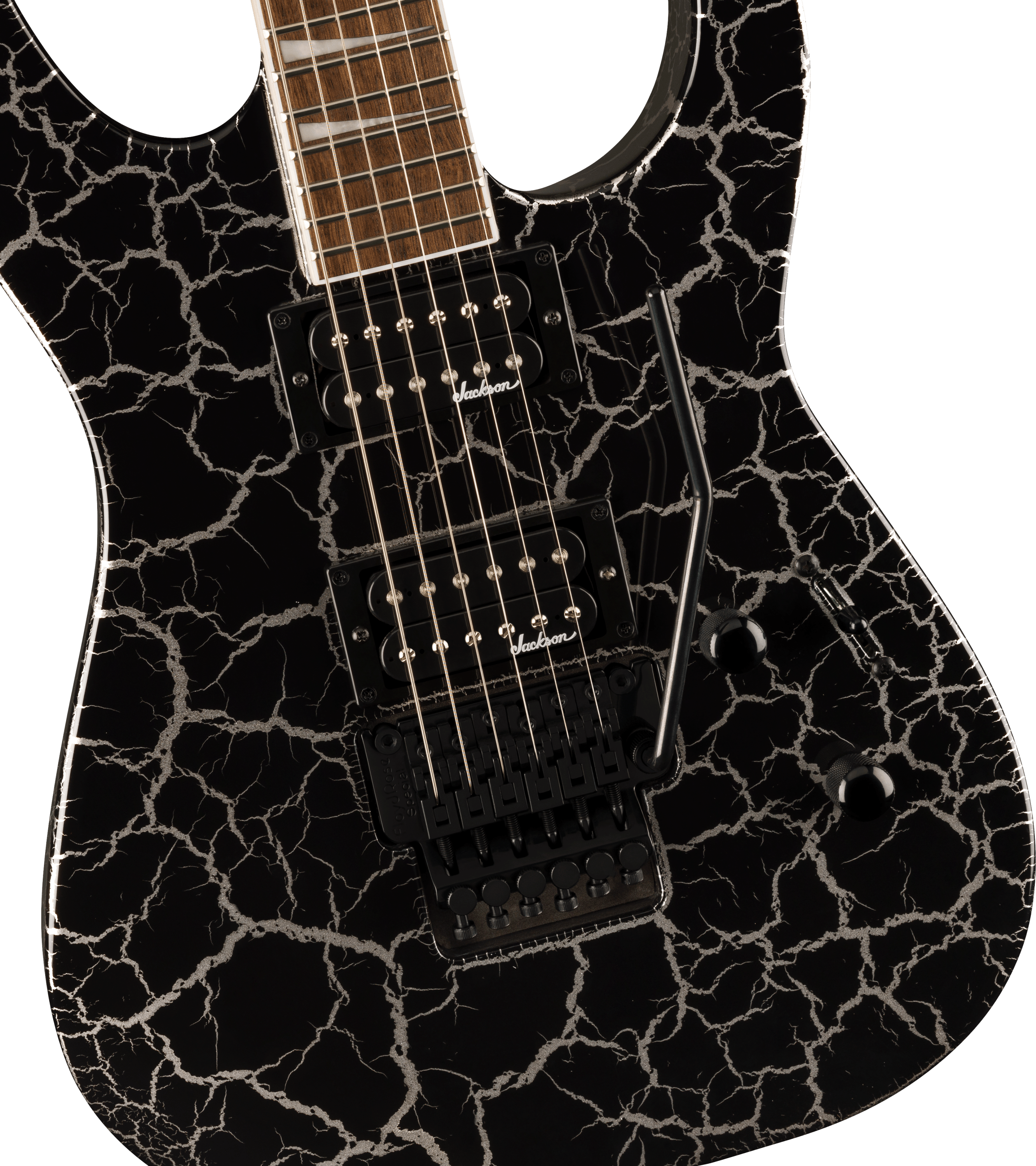 Jackson X Series Soloist SLX DX Laurel FB electric guitar in Silver Mercury Crackle finish, showcasing sleek design and craftsmanship.