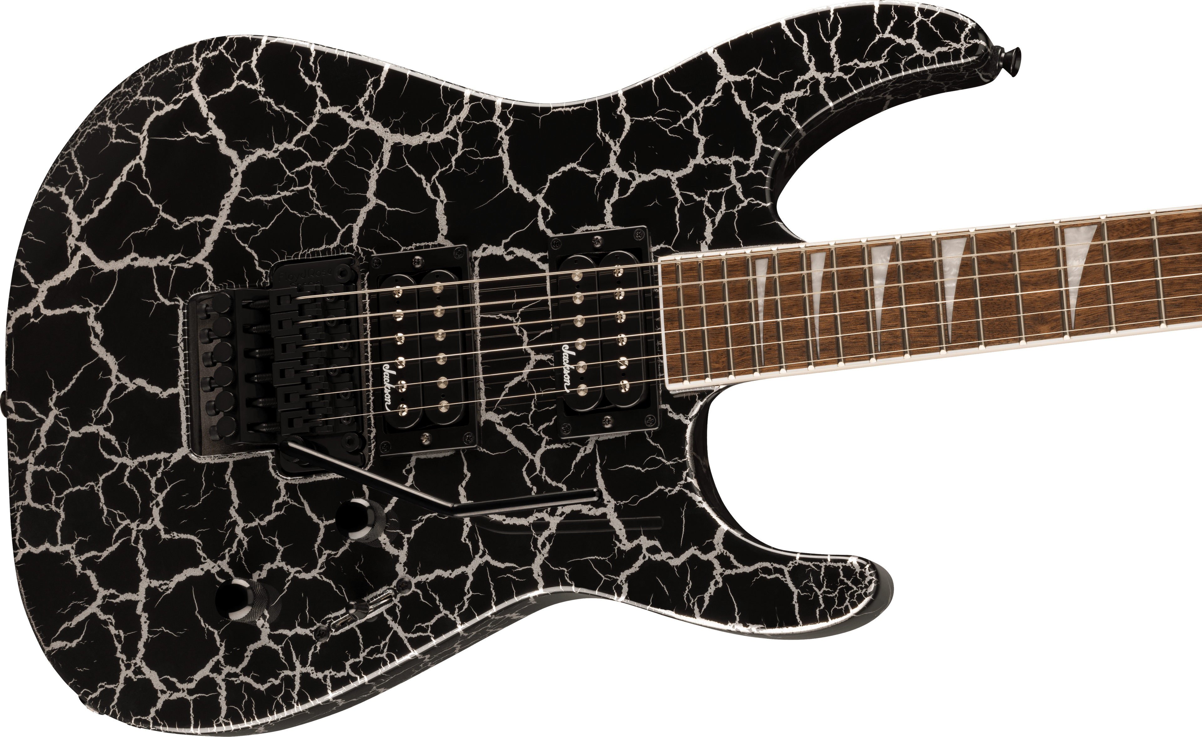 Jackson X Series Soloist SLX DX Laurel FB electric guitar in Silver Mercury Crackle finish, showcasing sleek body and modern design.
