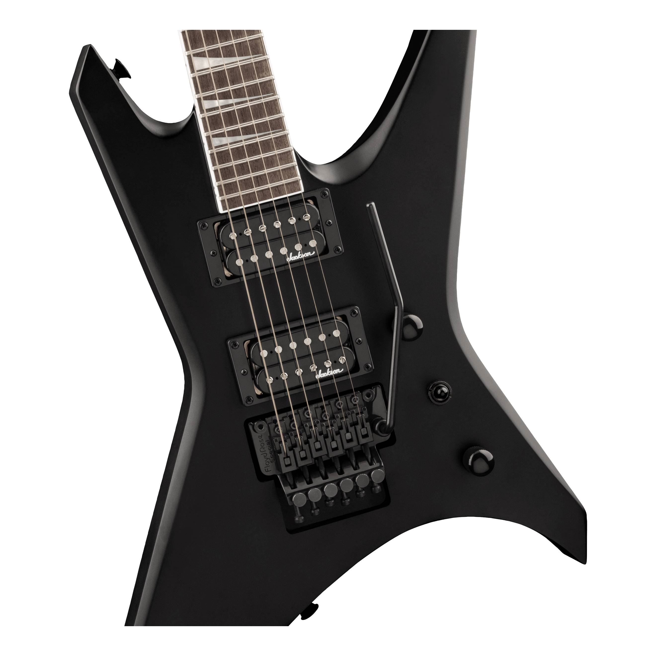 Jackson X Series WRX24 Warrior electric guitar with satin black finish and laurel fingerboard, showcasing its sleek design.