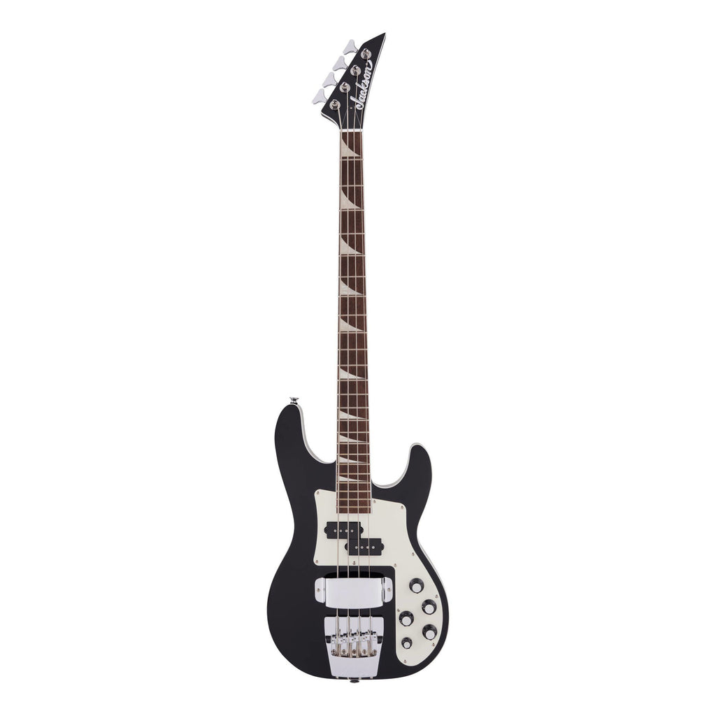 Jackson X Series BXDX IV concert bass guitar in glossy black finish, with sleek body and four string design.