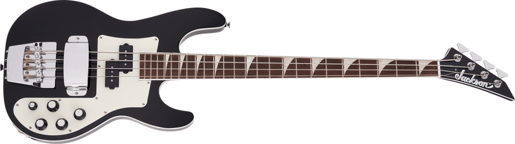 Jackson X Series BXDX IV concert bass guitar in glossy black, featuring a sleek body and four-string design.