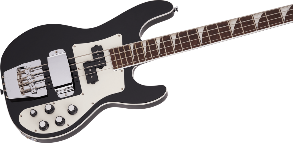 Jackson X Series BXDX IV concert bass guitar in glossy black finish, featuring sleek body and four-string design.