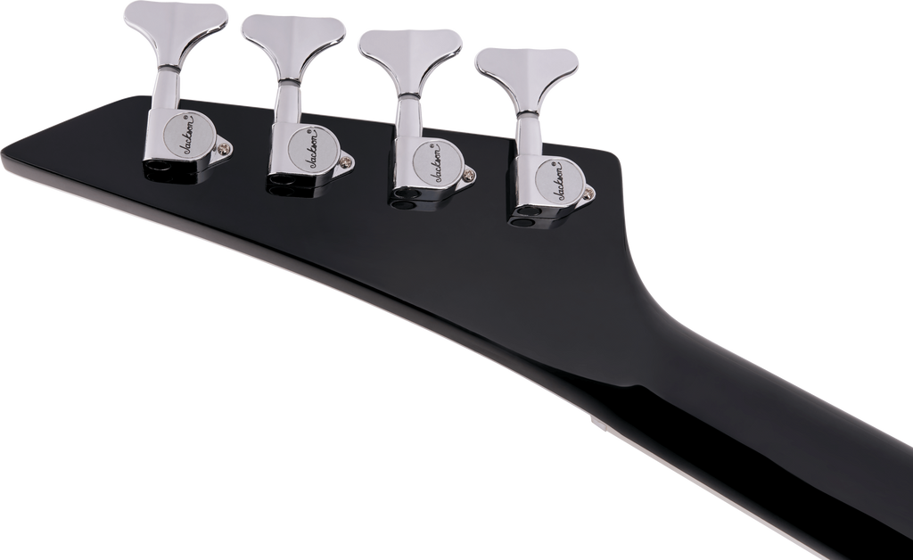 Jackson X Series BXDX IV concert bass guitar in glossy black finish, showing sleek body shape and four-string design.