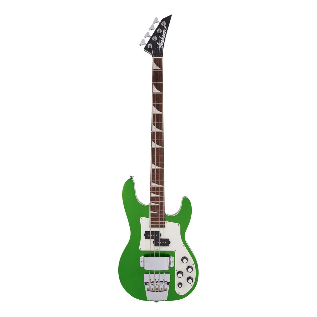 Jackson X Series CBXDX IV concert bass guitar in Absynthe Frost finish with sleek body and four strings, showcasing modern design.