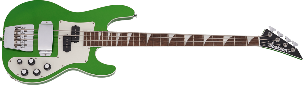 Jackson X Series CBXDX IV concert bass guitar in Absynthe Frost finish, showing the sleek body and hardware details.