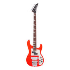 Jackson X Series CBXDX IV concert bass guitar in Rocket Red, showing the sleek body and four-string design.