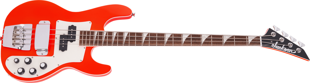 Jackson X Series CBXDX IV concert bass guitar in Rocket Red with sleek body and four strings, ready for performance.