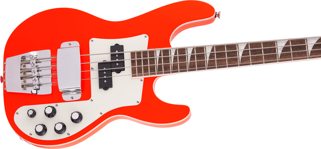 Jackson X Series CBXDX IV concert bass guitar in vibrant Rocket Red, featuring sleek body and four-string design.