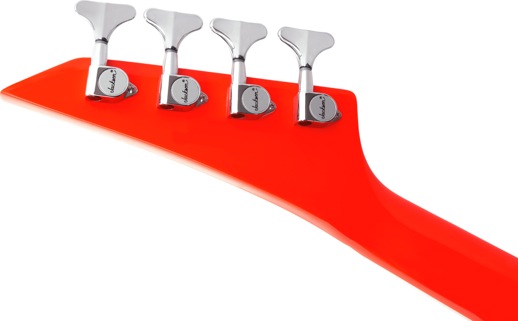 Jackson X Series CBXDX IV concert bass guitar in Rocket Red with sleek body, four strings, and modern design.