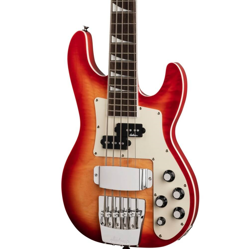 Jackson X Series Concert Electric Bass Guitar CBXNT DX V in Fireburst with sleek body and modern hardware, showcasing its stylish design.