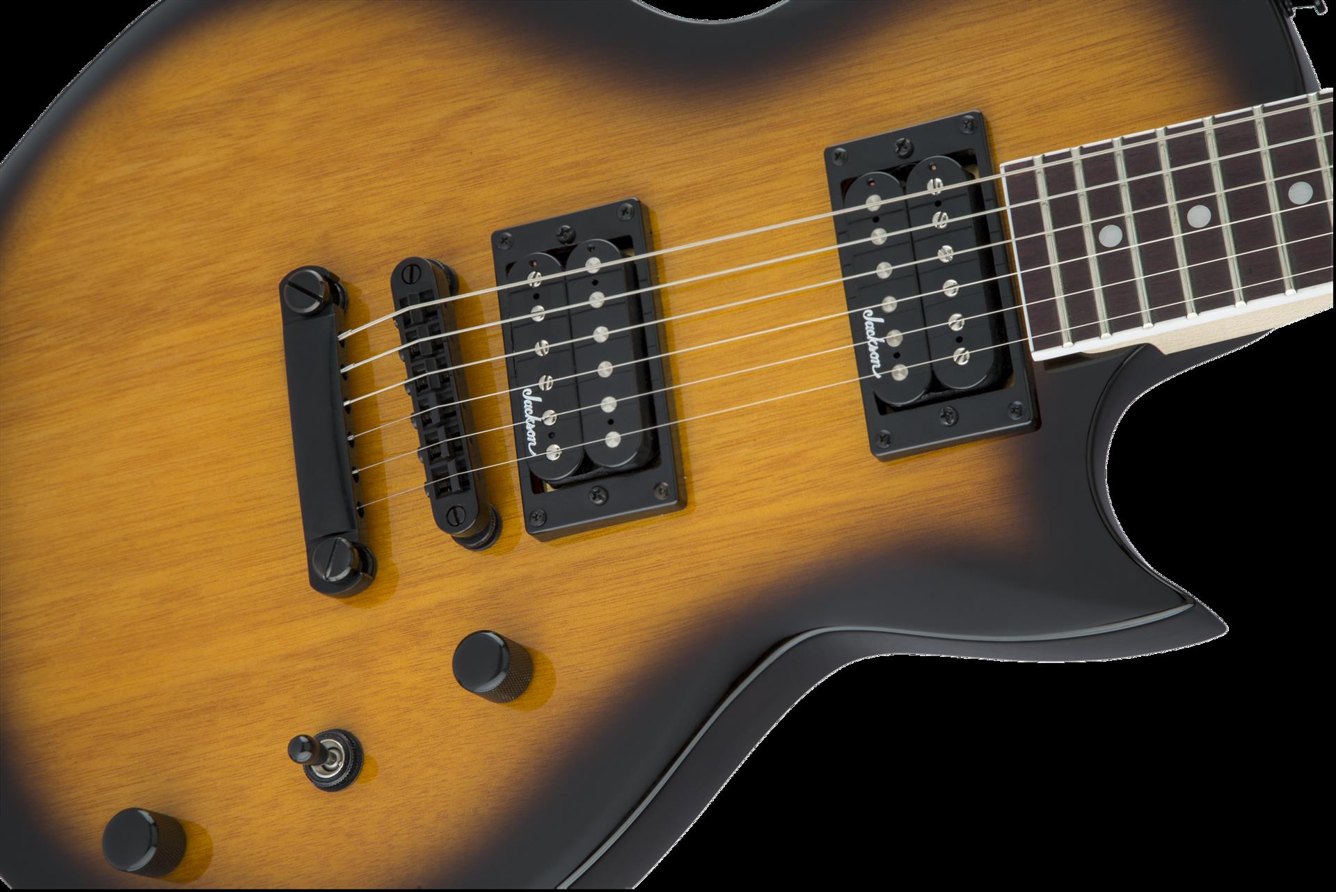 Jackson JS22 Monarkh SC electric guitar with amaranth fingerboard in tobacco burst finish, showcasing its sleek body and hardware details.