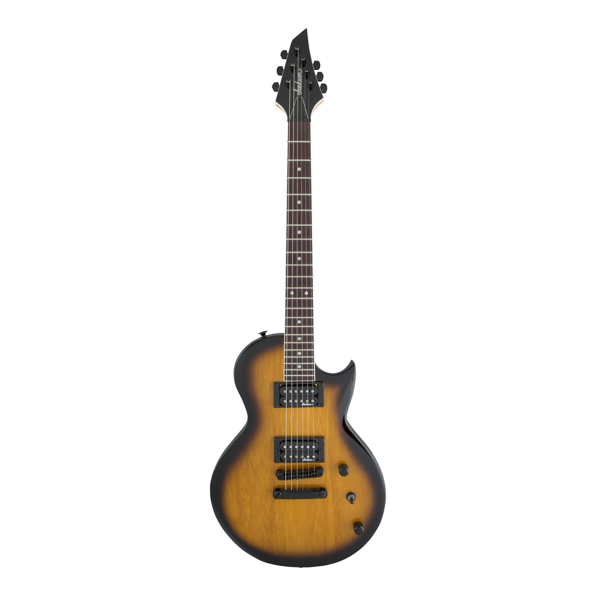 Jackson JS22 Monarkh SC electric guitar with amaranth fingerboard in tobacco burst finish, showcasing its sleek body and hardware details.