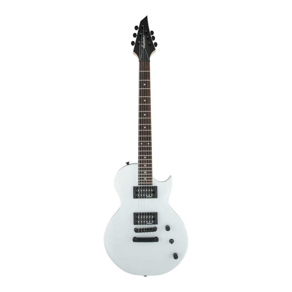 Jackson JS22 Monarkh SC electric guitar with snow white finish and amaranth fingerboard, showcasing its sleek body and hardware details.