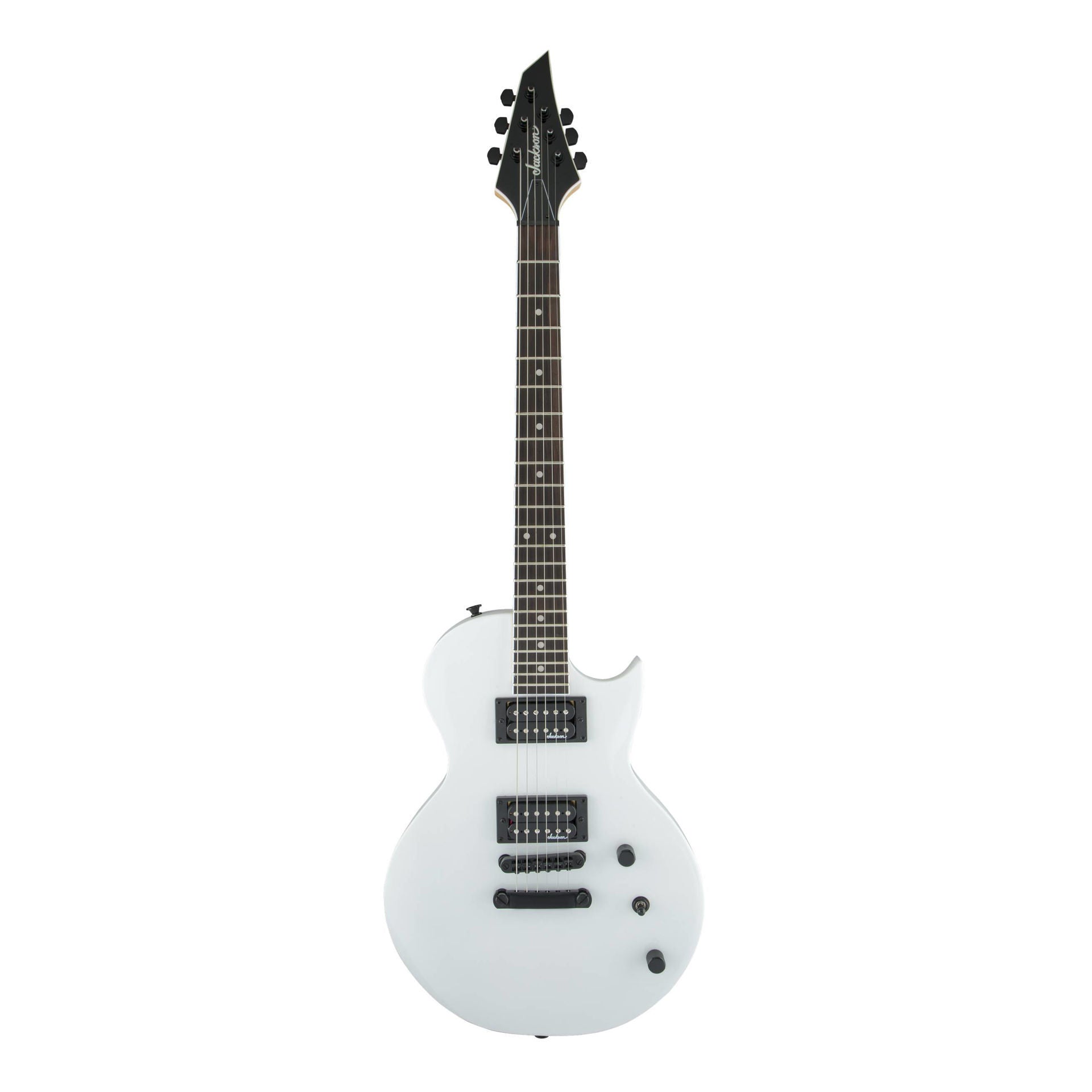 Jackson JS22 Monarkh SC electric guitar with amaranth fingerboard in snow white, showcasing its sleek body and detailed hardware.