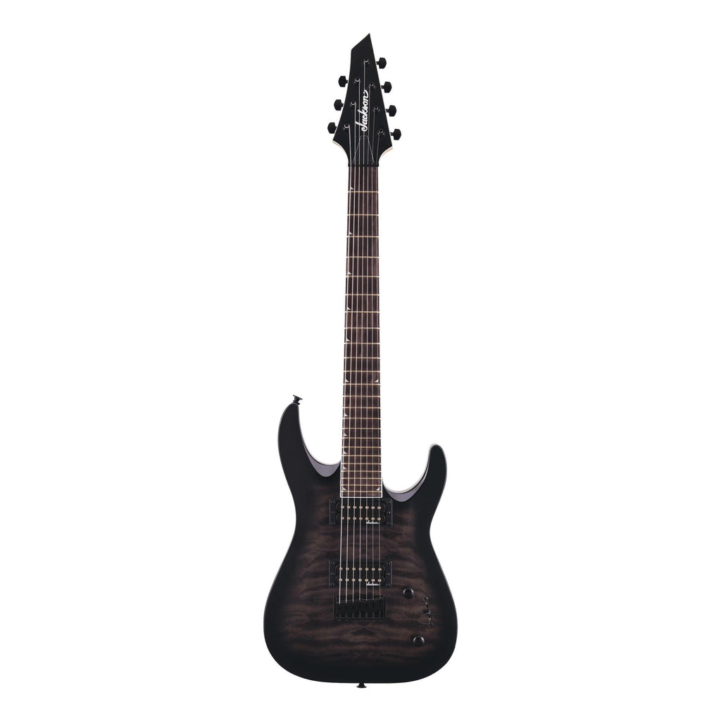 Jackson JS22-7 Dinky arch top 7-string electric guitar in transparent black burst with sleek body and 7-string neck.