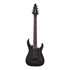 Jackson JS22-7 Dinky arch top 7-string electric guitar in transparent black burst with sleek body and 7-string neck.