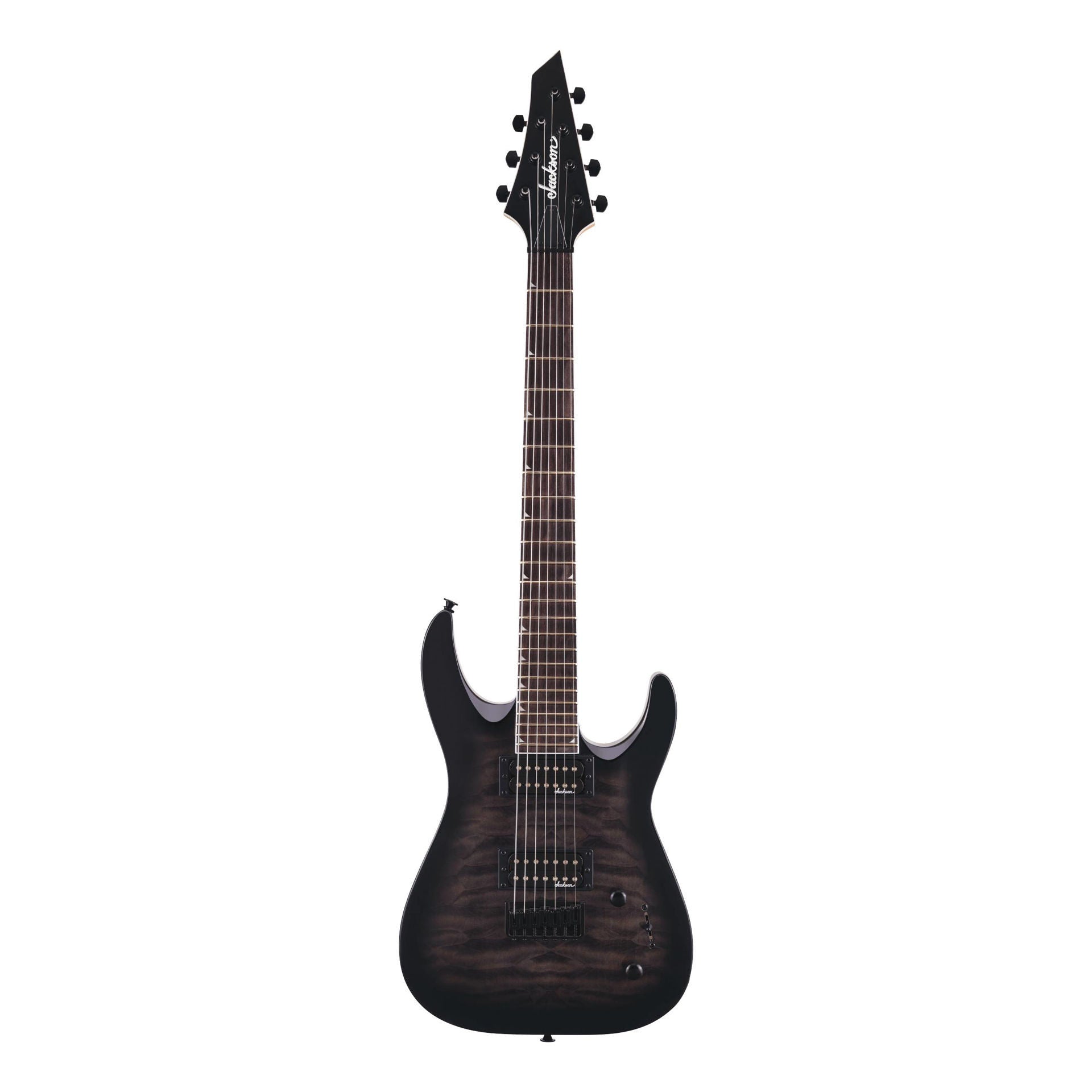 Jackson JS22-7 Dinky arch top 7-string electric guitar in transparent black burst with sleek body and 7-string neck.