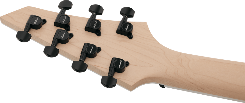 Jackson JS22-7 Dinky 7-string electric guitar in transparent black burst with arch top and sleek design.