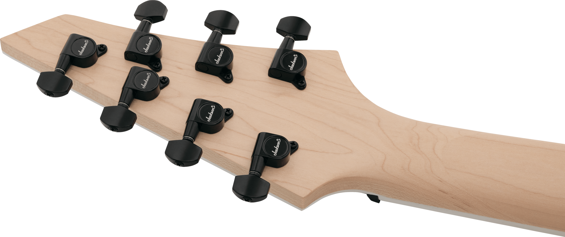 Jackson JS22-7 Dinky 7-string electric guitar in transparent black burst with arch top and sleek design.