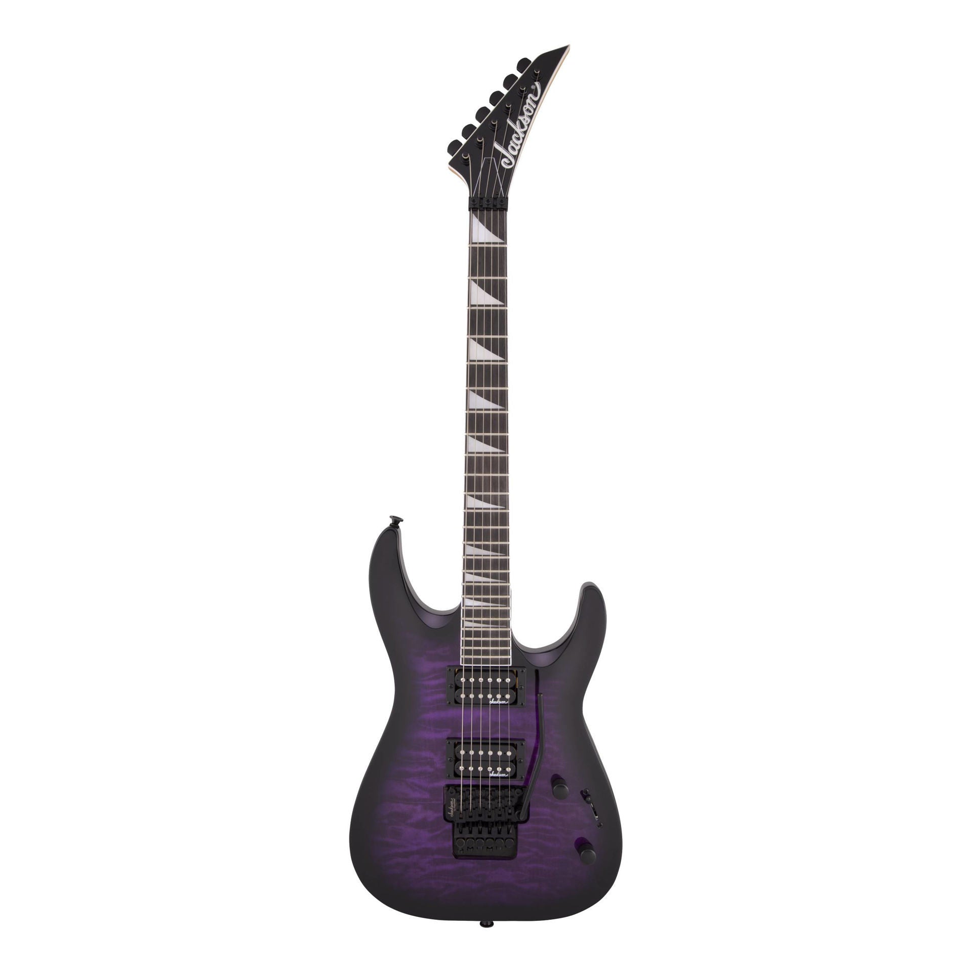 Jackson JS Dinky Arch Top JS32Q DKA electric guitar in Amaranth FB Trans Purple Burst with a sleek, contoured body and modern hardware.