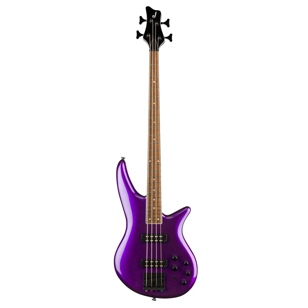 Jackson X Series Spectra SBX IV bass guitar with deep purple metallic finish and laurel fingerboard.
