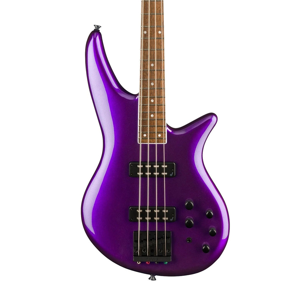 Jackson X Series Spectra SBX IV bass guitar with deep purple metallic finish and laurel fingerboard, showcasing its sleek design.