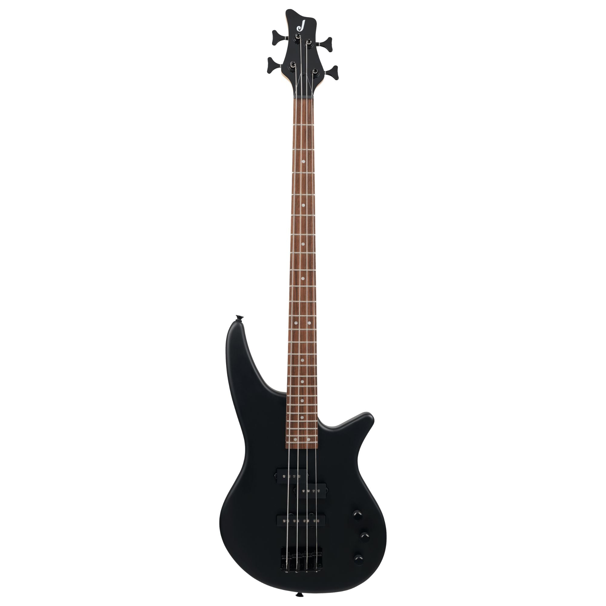 Jackson JS Series Spectra Bass JS2 with satin black finish, featuring a Laurel fingerboard and sleek electric bass guitar design.