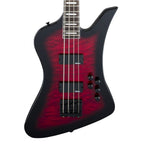 Jackson JS Kelly Bird JS3Q bass guitar with amaranth fingerboard in trans red burst, showing its sleek body and vibrant finish.