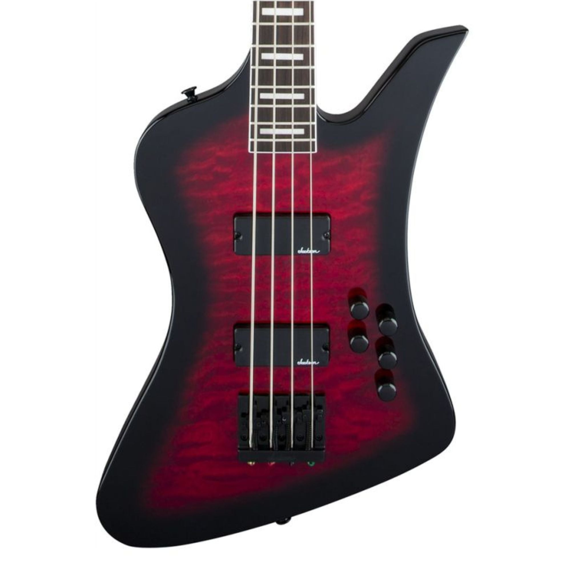 Jackson JS Kelly Bird JS3Q bass guitar with amaranth fingerboard in trans red burst, showing its sleek body and vibrant finish.