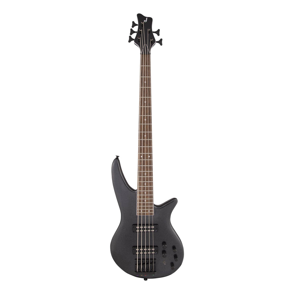 Jackson X Series Spectra SBX V bass guitar with metallic black finish and laurel fingerboard, showcasing its sleek design.