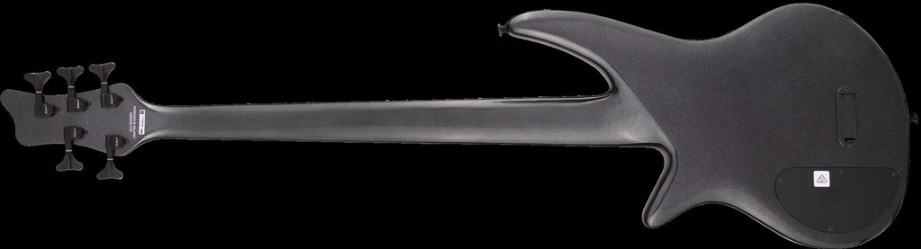 Jackson X Series Spectra SBX V bass guitar with metallic black finish and laurel fingerboard, showcasing its sleek design and bass body.