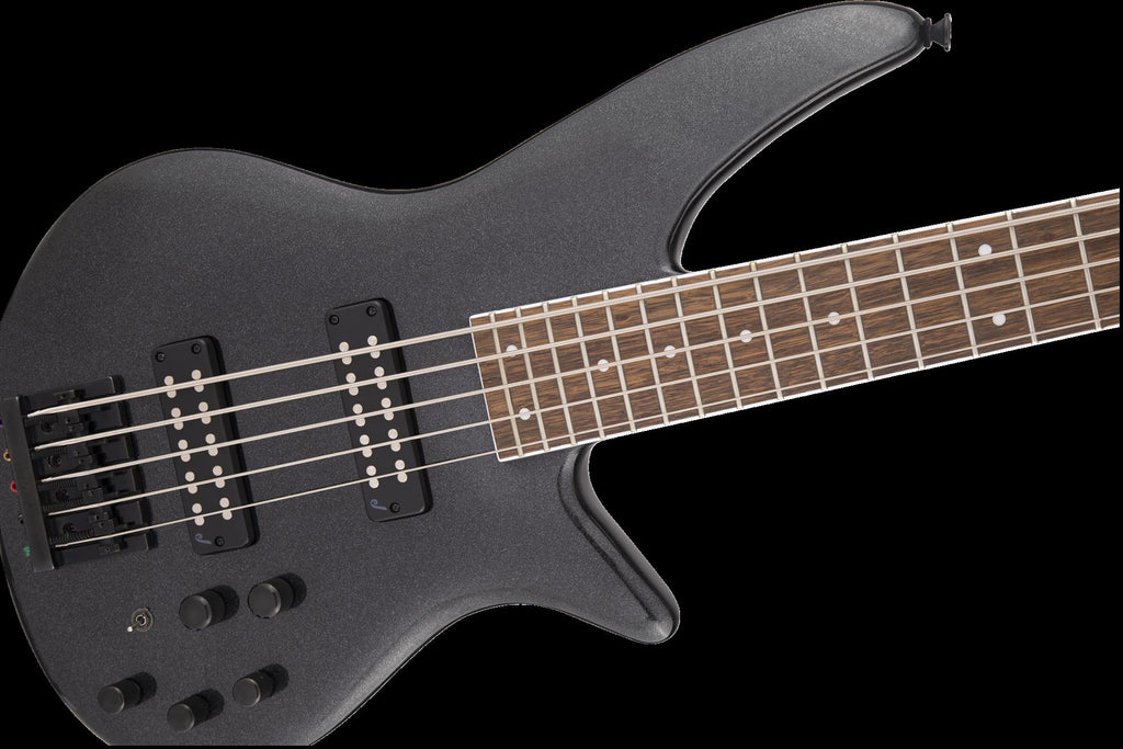 Jackson X Series Spectra SBX V bass guitar with metallic black finish and laurel fingerboard, featuring a sleek and modern design.