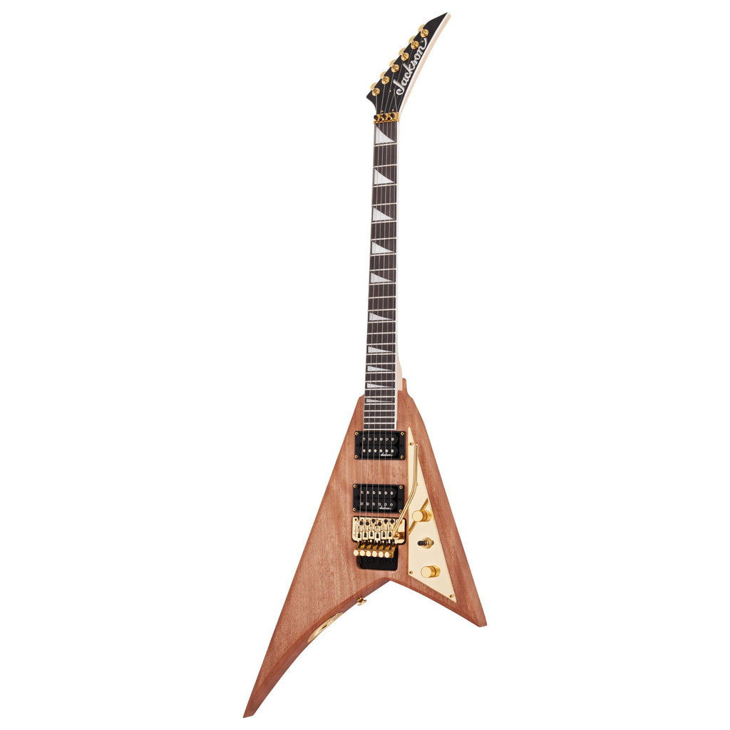 Jackson JS Rhoads MAH JS32 electric guitar with amaranth fingerboard and natural finish, showcasing sleek body and headstock design.