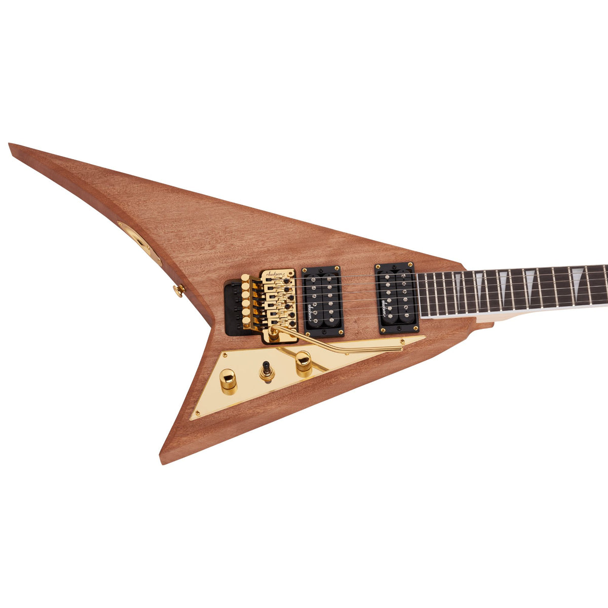 Jackson JS Rhoads MAH JS32 electric guitar with amaranth finish and natural body, showcasing its sleek shape and hardware.