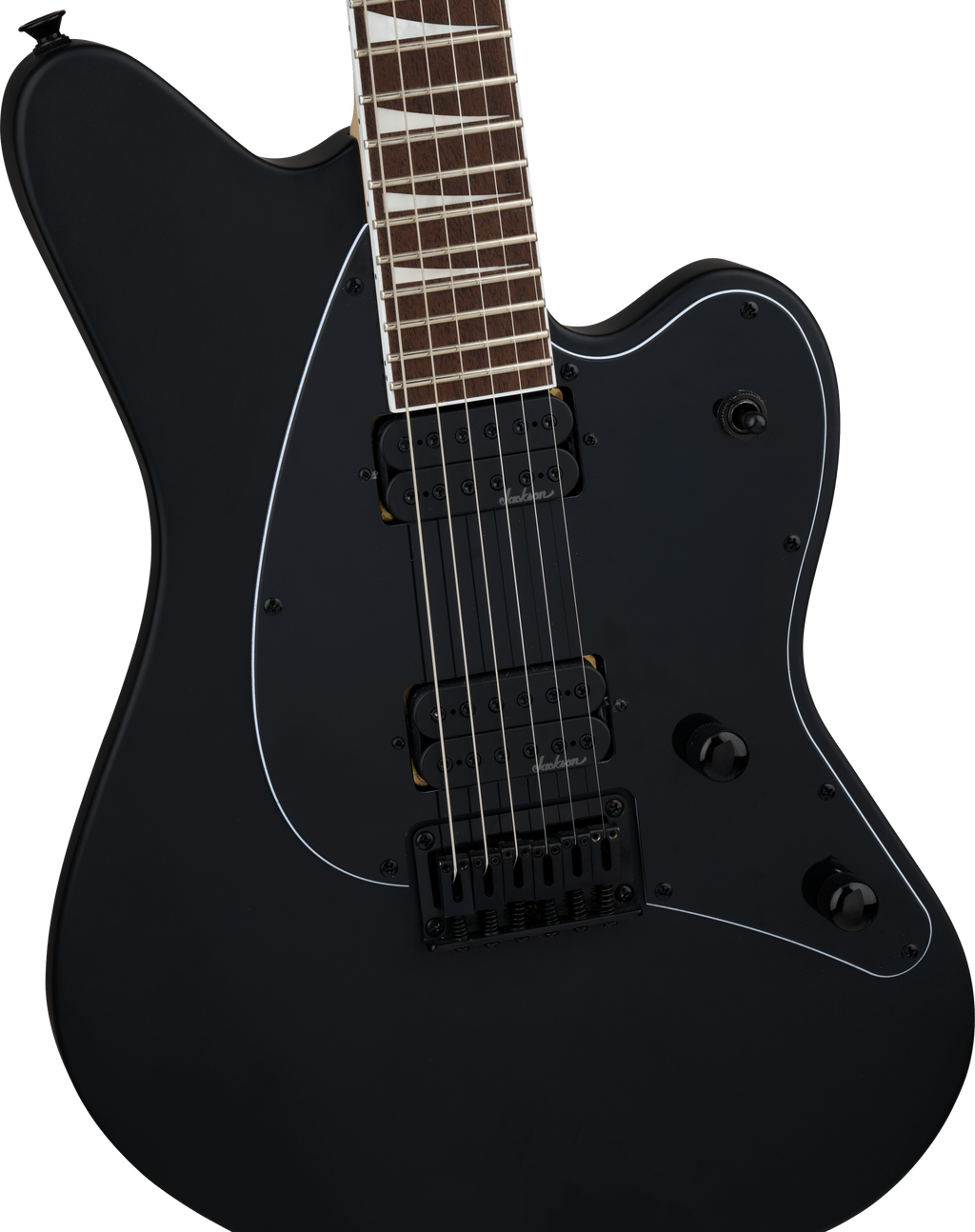 Jackson X Series Surfcaster SC HT6 Laurel FB electric guitar in satin black with sleek body and modern hardware.