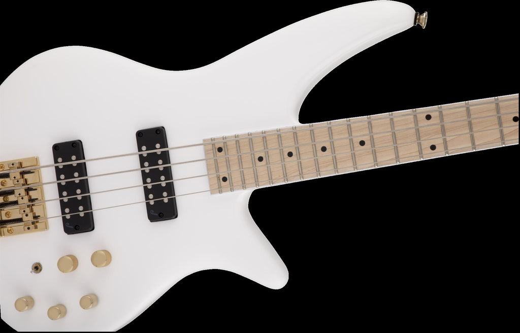 Jackson X Series Spectra SBXM IV bass guitar with maple fingerboard in snow white, showcasing sleek design and modern features.
