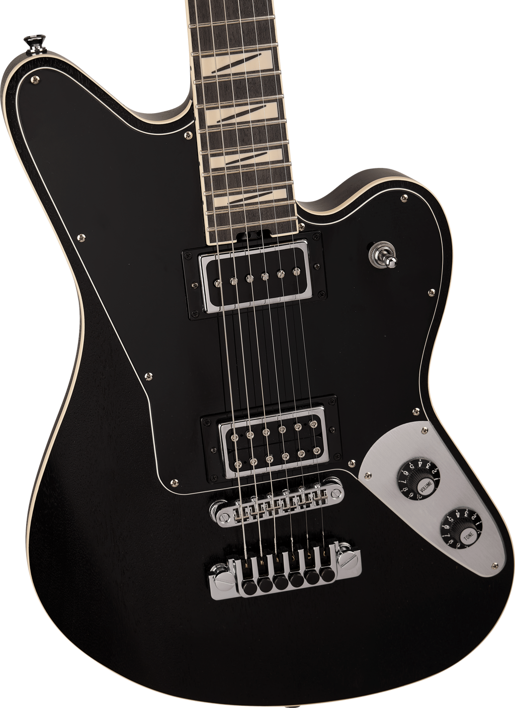 Jackson Pro Series Lee Malia LM-87 electric guitar with open pore black finish and amaranth fretboard, showcasing its sleek body and hardware.