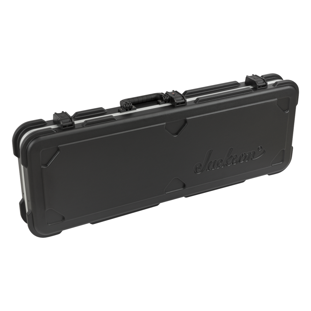 Jackson Standard Guitar Case, black padded exterior with sturdy handles and compartments for safe guitar transport.