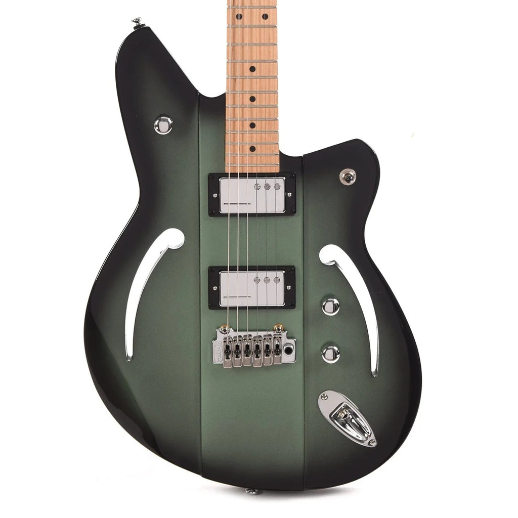 Reverend Airsonic W MABU electric guitar with metallic alpine burst finish and roasted maple neck, showcasing its stylish design.