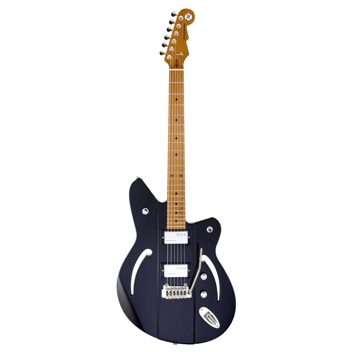 Reverend Airsonic W MDBK electric guitar in midnight black roasted maple finish, showcasing its sleek body and maple neck.