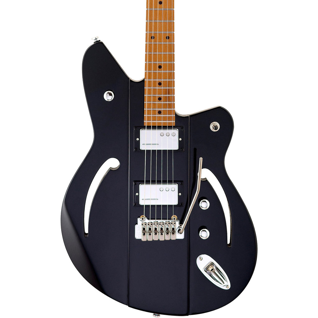 Reverend Airsonic W MDBK electric guitar in midnight black with roasted maple fingerboard and sleek modern design.
