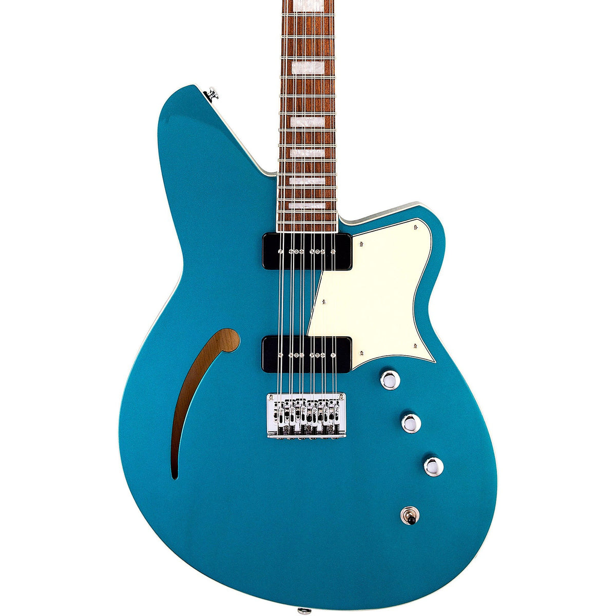 Reverend Airwave 12-string electric guitar in deep sea blue with Pau Ferro fretboard, showcasing its sleek body and 12-string design.