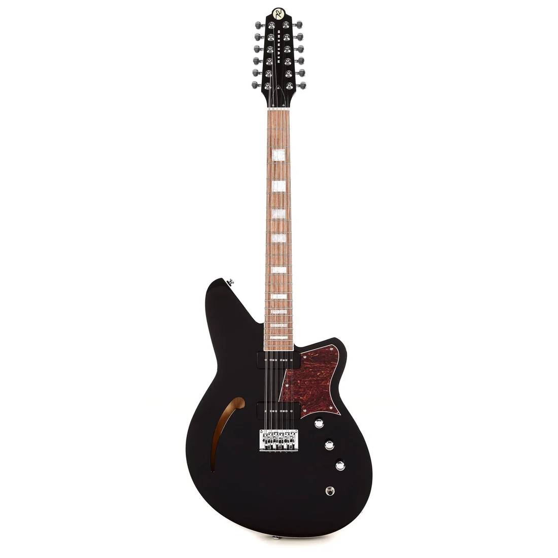 Reverend Airwave 12-string electric guitar in midnight black with Pau Ferro fretboard, showcasing its sleek design and 12-string headstock.