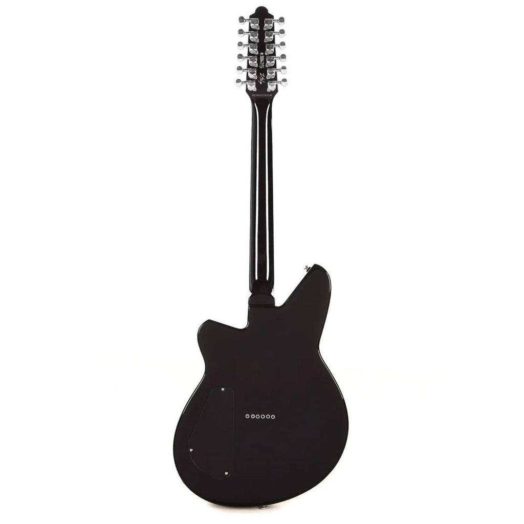 Reverend Airwave 12-string electric guitar in midnight black with Pau Ferro fretboard, showcasing its sleek design and 12-string layout.