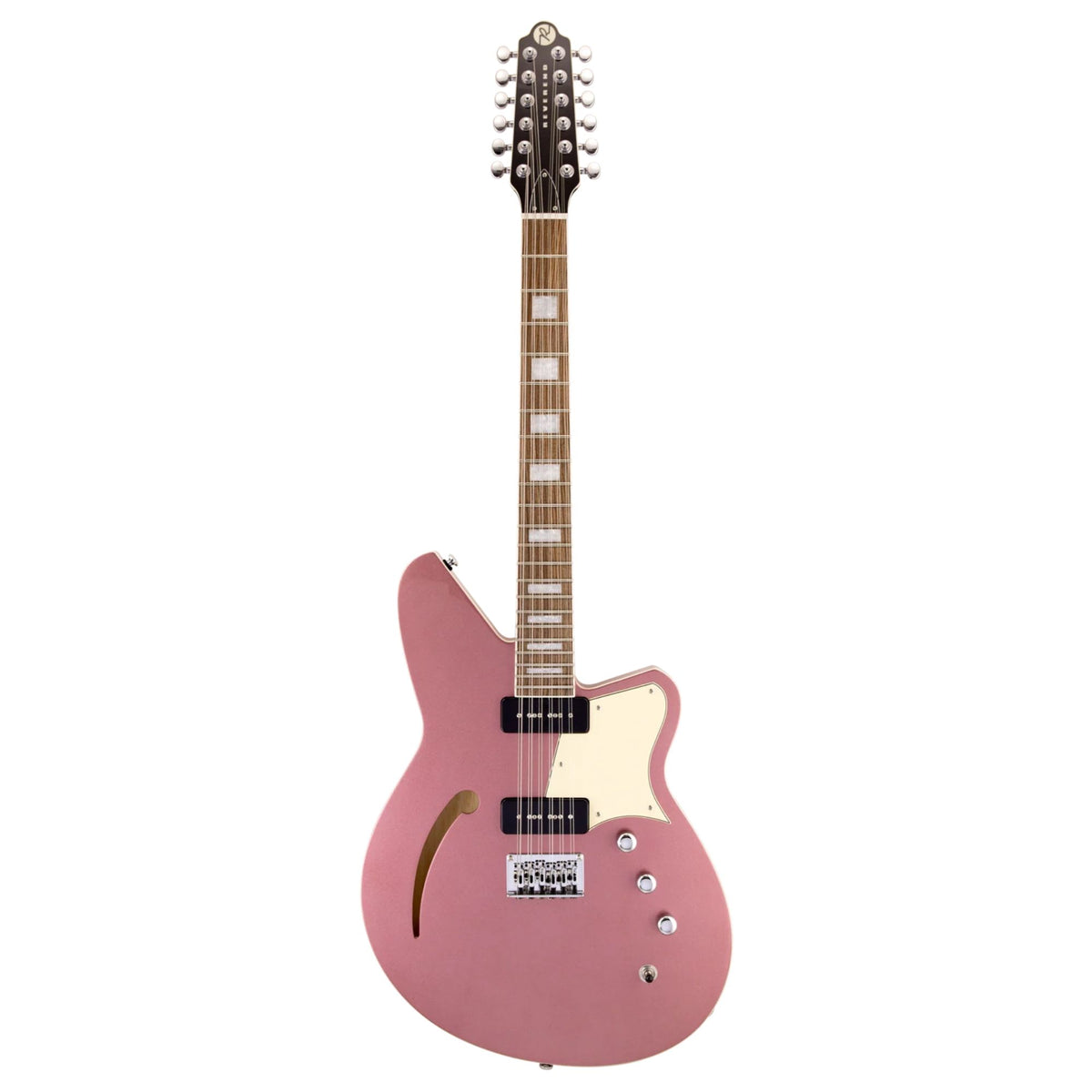Reverend Airwave 12-string electric guitar with mulberry mist finish and pau ferro fretboard, showcasing its sleek design.